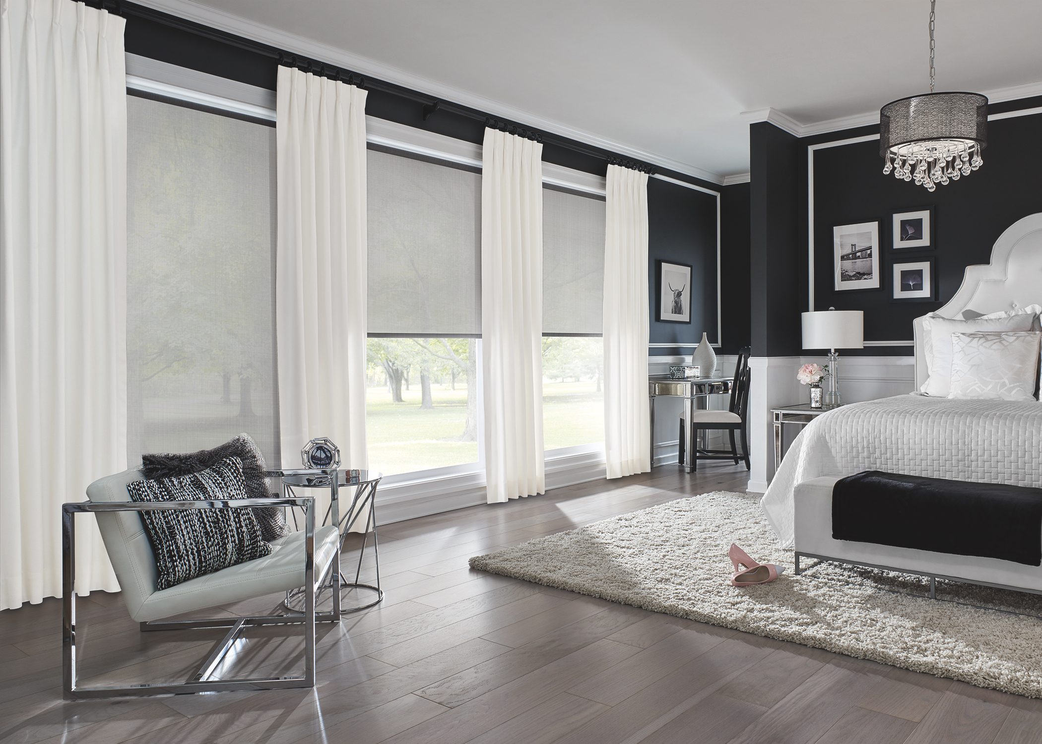 Graber Roller Shades Contemporary Bedroom with Draperies